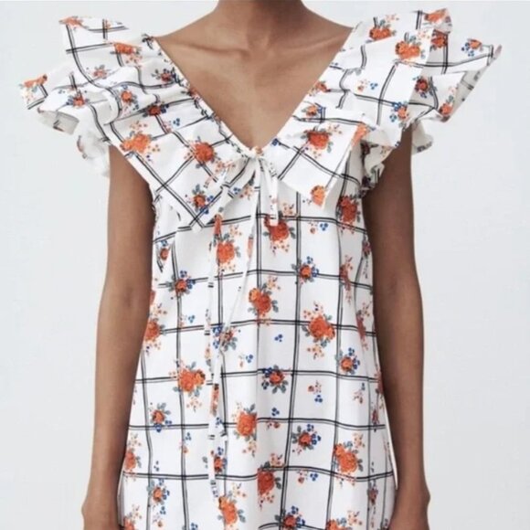Zara white floral Blogger favourite plaid ruffle collar sleeveless midi dress M - Picture 11 of 16